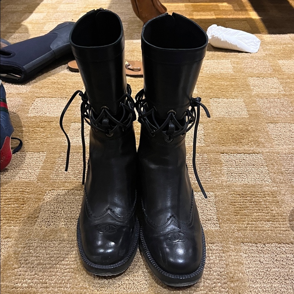 CHANEL Black Leather Lace-Up Boots